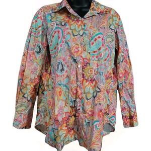APNY Colorful Paisley Floral Button Up Blouse XS Oversize Batik Maximalist Artsy